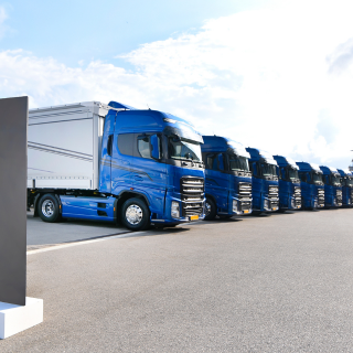a row of blue trucks